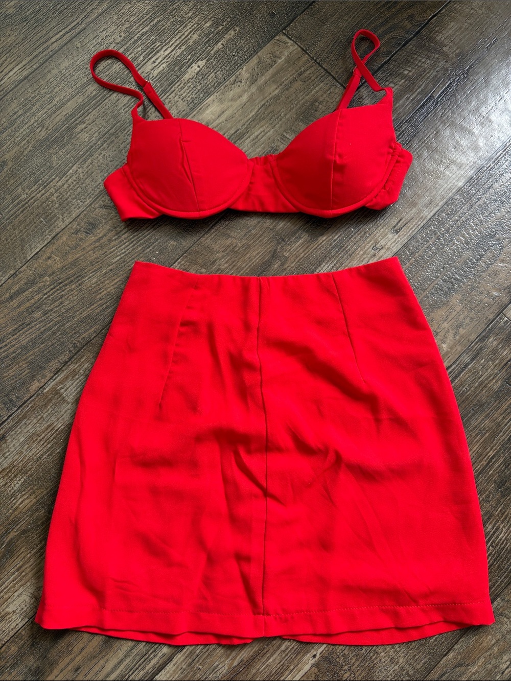 Princess Polly Red Two-Piece Crop Bra and Mini Skirt Set